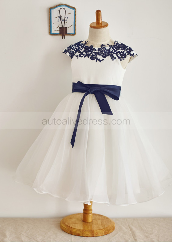 Navy Blue Lace Ivory Satin Organza Classic Wedding Flower Girl Dress 